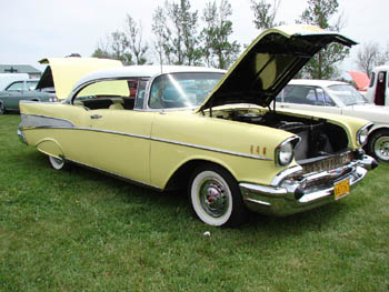 1957 Chevy Belair hardtop yellow. Raub Indiana auto show 2007